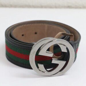 Gucci 114984 Web Green Red Canvas Leather Interlocking G Buckle Belt 90 / 36